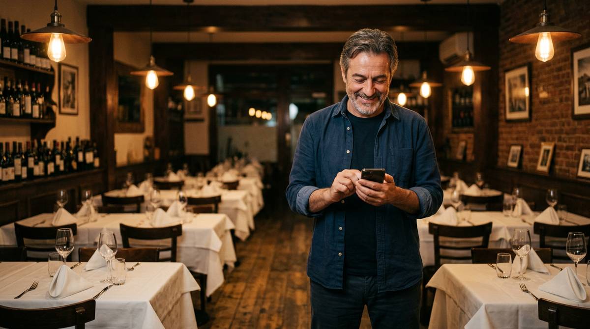 Un ristoratore italiano guarda il telefono nel suo ristorante a fine serata