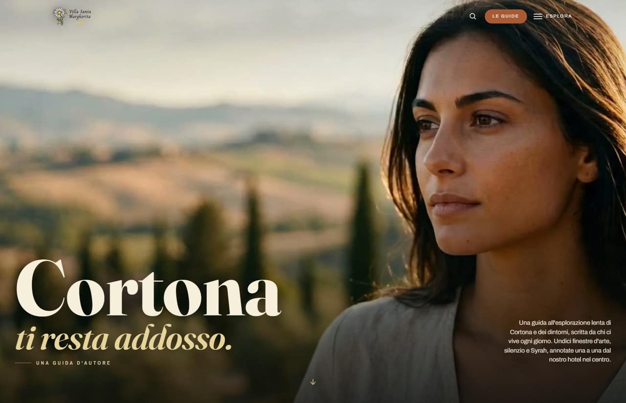 Screenshot di ViviCortona — companion website immersive dell'Hotel Villa Santa Margherita, guida d'autore su Cortona